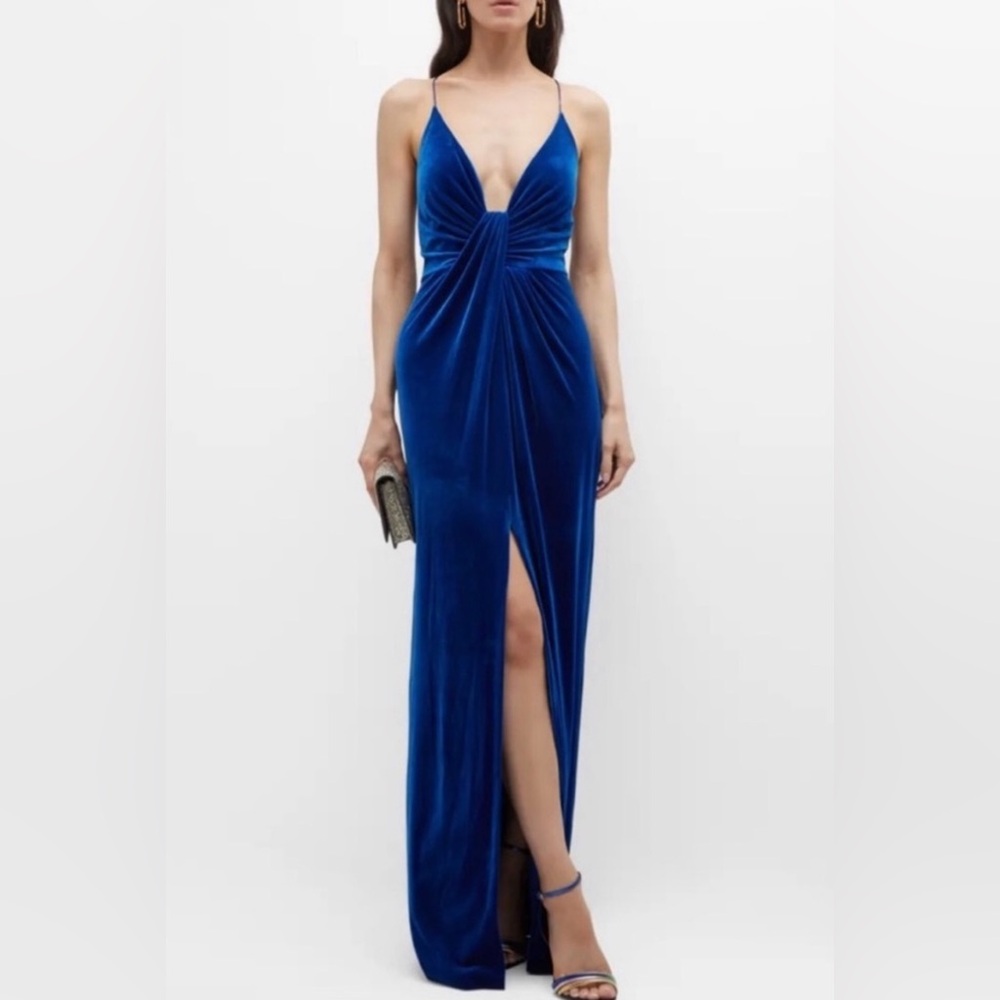 NWT- Aidan Mattox Velvet Deep Ocean Blue High Slit Maxi Gown